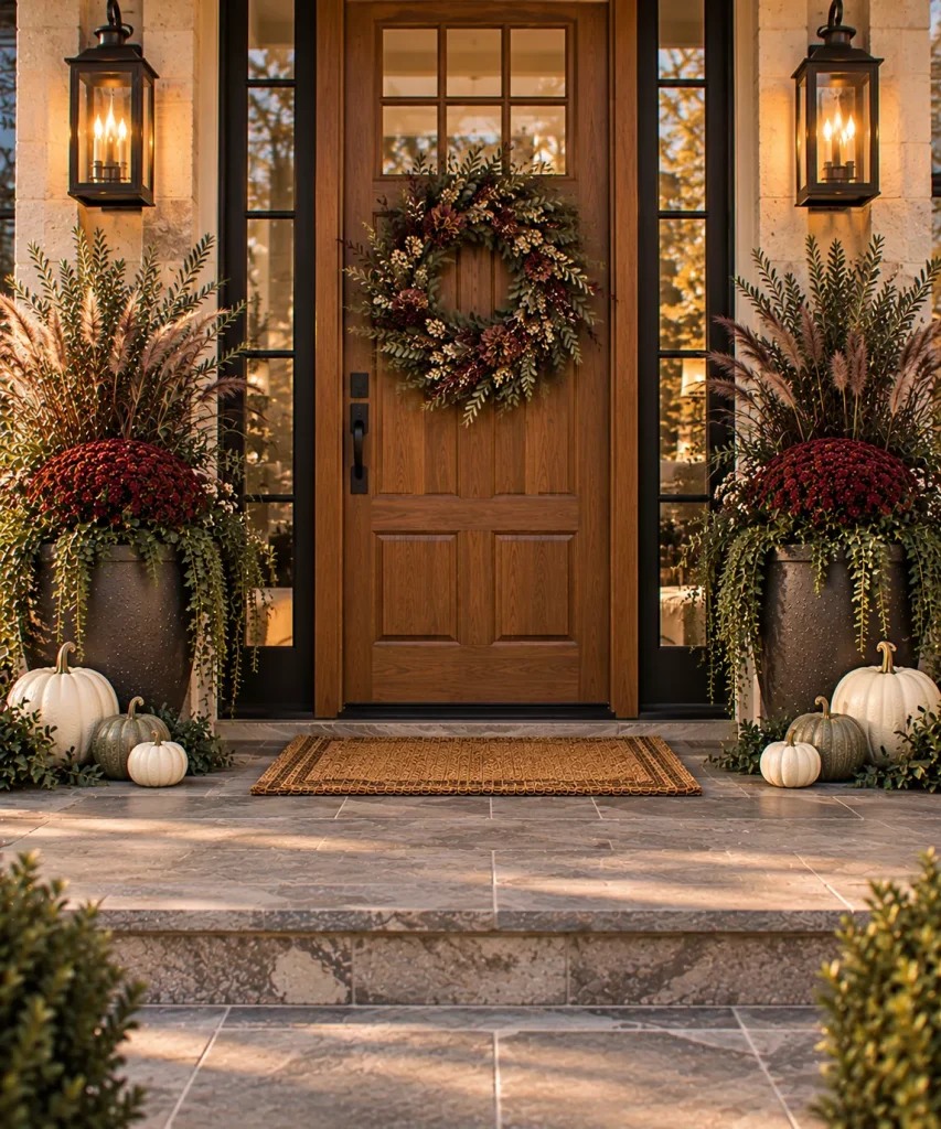 24 Elegant Fall Front Porch Ideas for a Polished, Glam Autumn Entrance 6 flank-the-front-door-with-matching-planters-6a9f0f3fae5b5