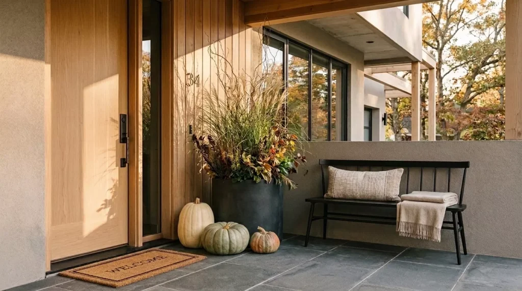 23 Modern Minimalist Fall Front Porch Ideas for a Clean, Warm Entrance 6 group-three-pumpkins-instead-of-scattering-ten