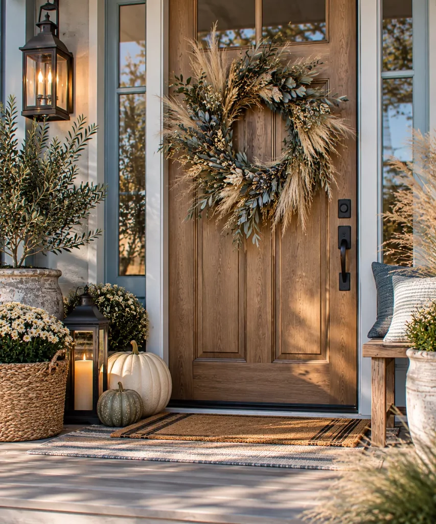 23 Coastal Fall Front Porch Ideas for a Breezy Beach House Autumn 17 hang-a-dried-grass-and-olive-wreath-6aa046d9b0478