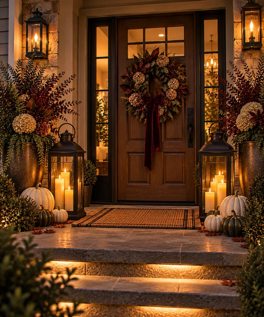 24 Elegant Fall Front Porch Ideas for a Polished, Glam Autumn Entrance 22 keep-decorative-light-warm-and-subdued-6a9f0e3e295b8