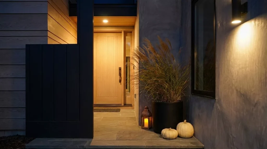 23 Modern Minimalist Fall Front Porch Ideas for a Clean, Warm Entrance 20 keep-permanent-porch-lighting-warm
