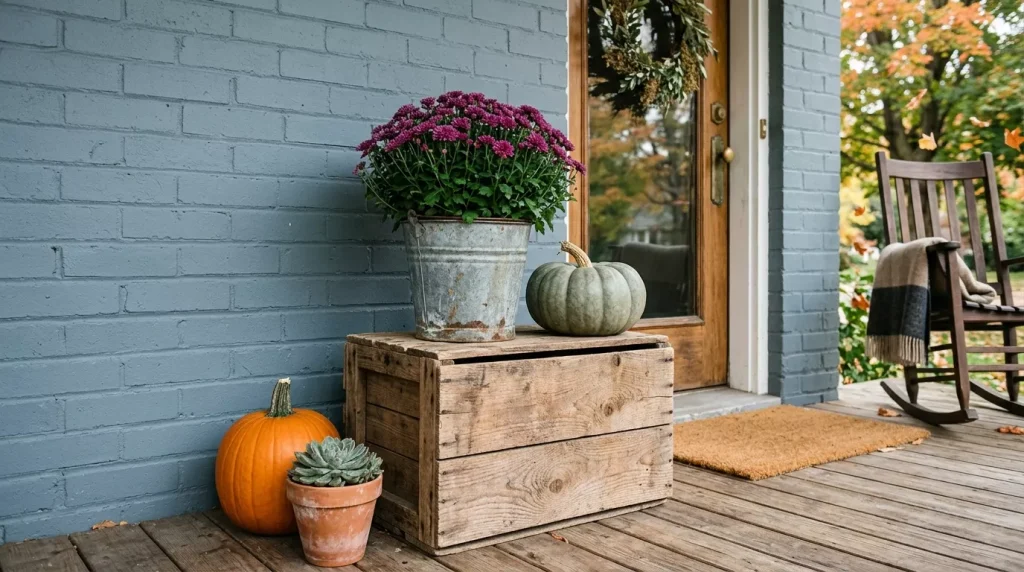 24 Fall Front Porch Decor Ideas With Crates and Galvanized Buckets 24 keep-the-crate-neutral-enough-to-use-all-year