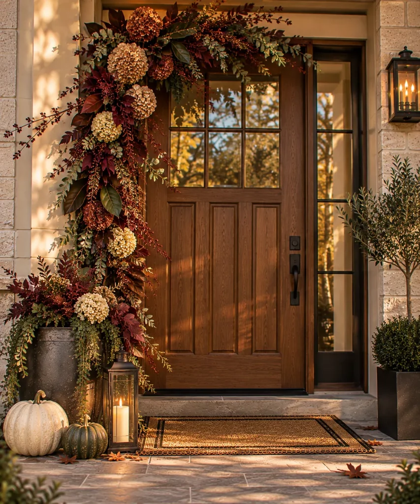 24 Elegant Fall Front Porch Ideas for a Polished, Glam Autumn Entrance 19 keep-the-garland-asymmetrical-6a9f0e6c71f11