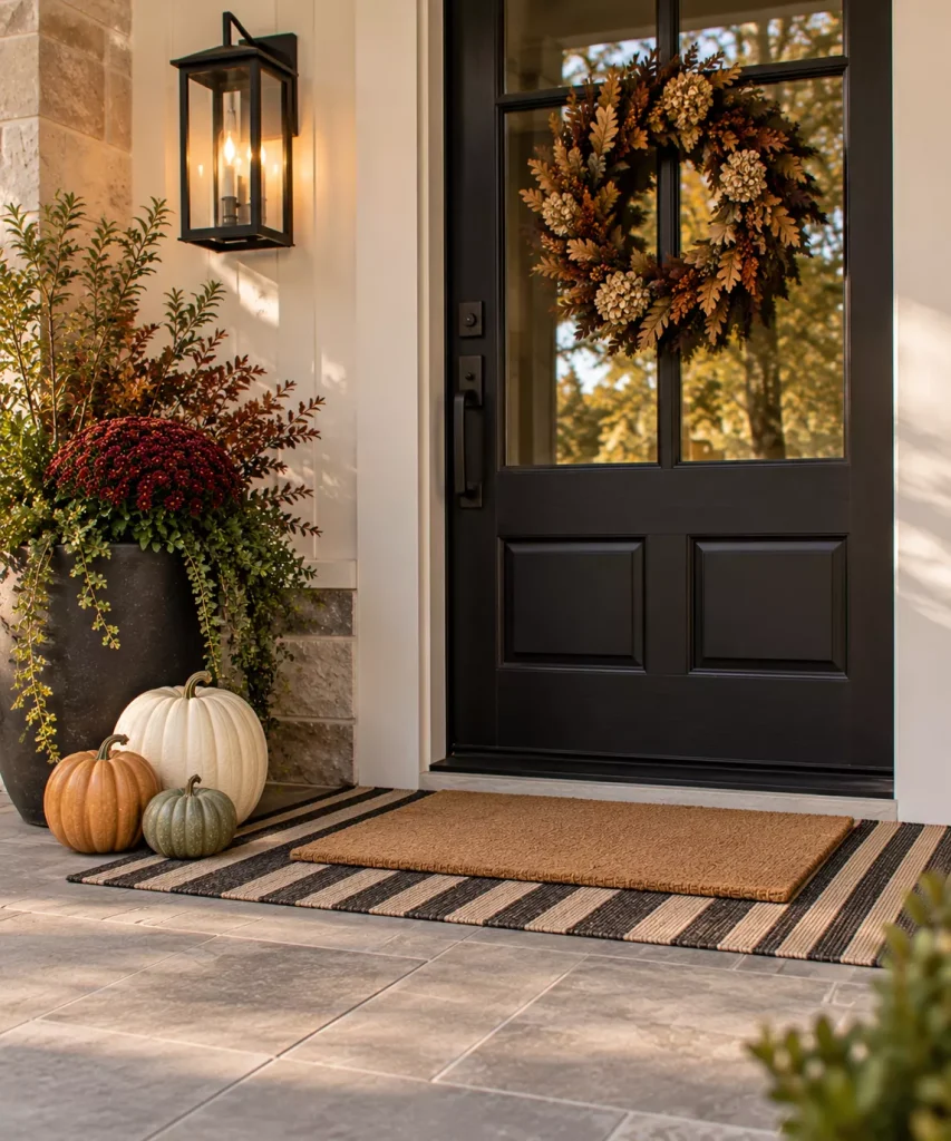 23 Modern Minimalist Fall Front Porch Ideas for a Clean, Warm Entrance 17 layer-a-striped-outdoor-rug-beneath-a-plain-doormat