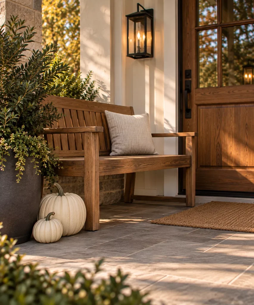 23 Modern Minimalist Fall Front Porch Ideas for a Clean, Warm Entrance 15 leave-natural-wood-furniture-mostly-unadorned