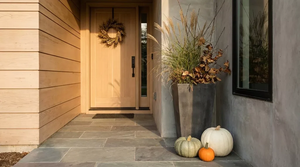 23 Modern Minimalist Fall Front Porch Ideas for a Clean, Warm Entrance 7 let-one-large-planter-and-one-pumpkin-cluster-complete-a-small-porch