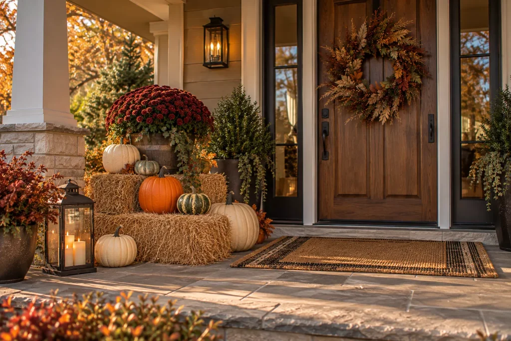 24 Fall Front Porch Ideas With Hay Bales and Corn Stalks for a Cozy Harvest Look 3 make-a-simple-two-level-bale-arrangement