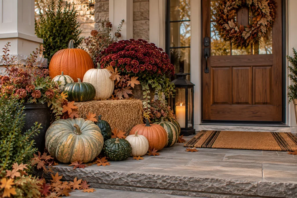 24 Fall Front Porch Ideas With Hay Bales and Corn Stalks for a Cozy Harvest Look 11 mix-orange-cream-and-green-pumpkins