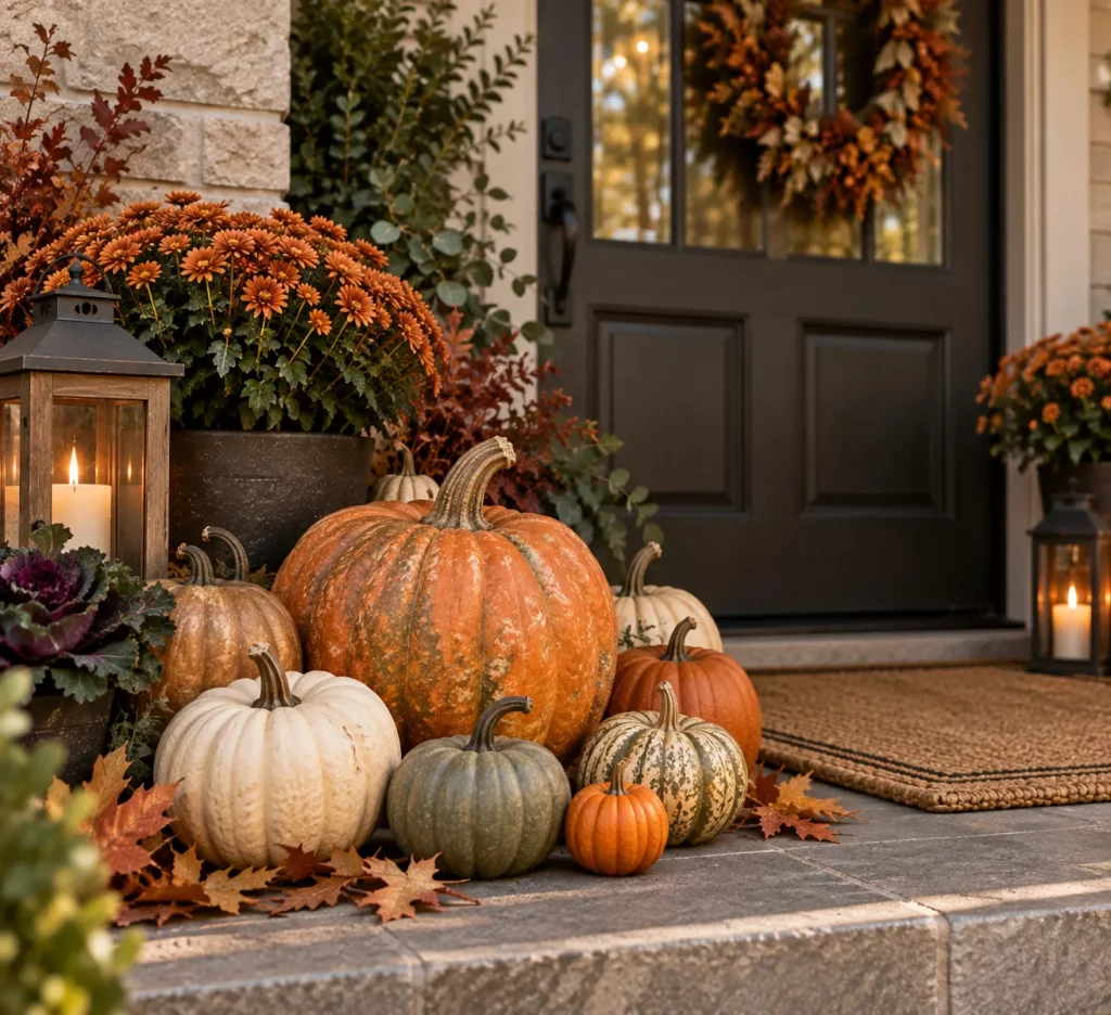 22 Fall Front Porch Ideas on a Budget That Look Cozy, Creative, and Expensive 8 mix-real-and-faux-pumpkins