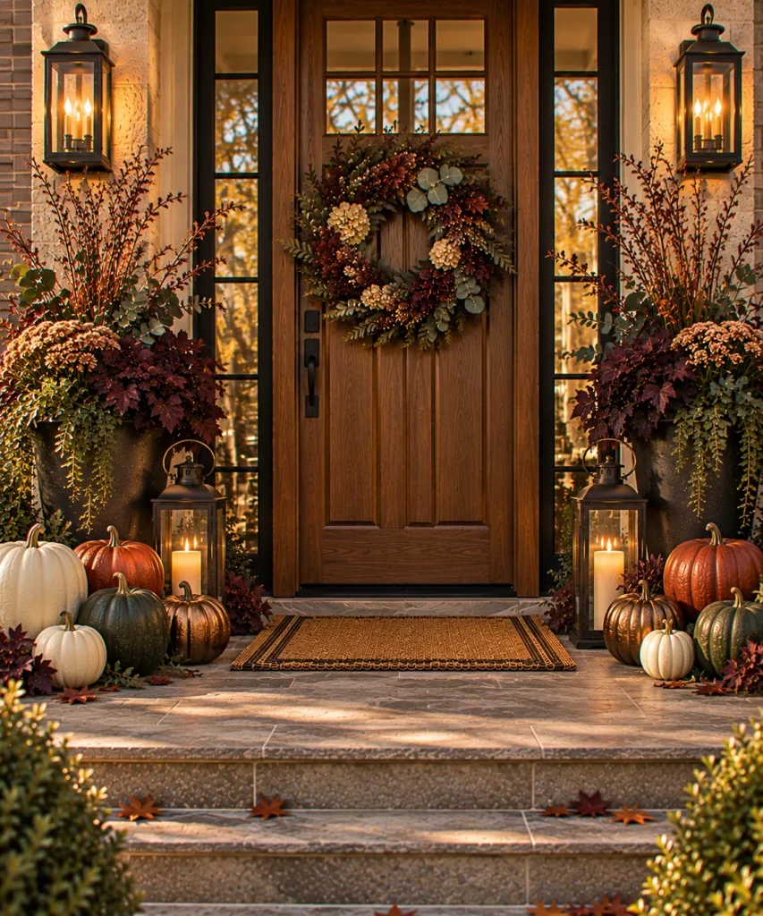 24 Elegant Fall Front Porch Ideas for a Polished, Glam Autumn Entrance 13 mix-real-and-metallic-look-pumpkins-sparingly-6a9f0ecc79730