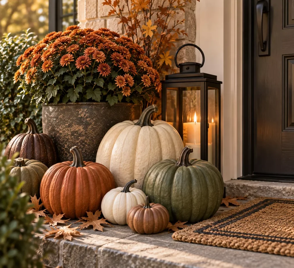22 Fall Front Porch Ideas on a Budget That Look Cozy, Creative, and Expensive 7 paint-dollar-tree-pumpkins-in-a-quieter-palette