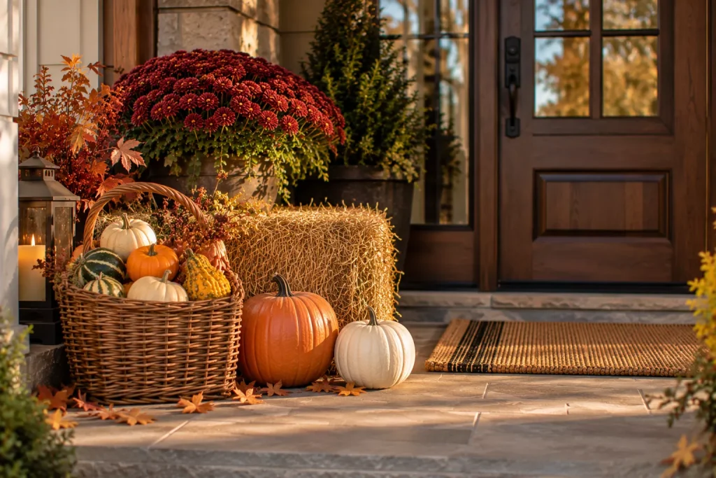 24 Fall Front Porch Ideas With Hay Bales and Corn Stalks for a Cozy Harvest Look 12 place-a-pumpkin-filled-basket-beside-the-bale