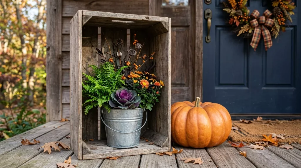 24 Fall Front Porch Decor Ideas With Crates and Galvanized Buckets 15 place-the-bucket-inside-a-vertical-crate