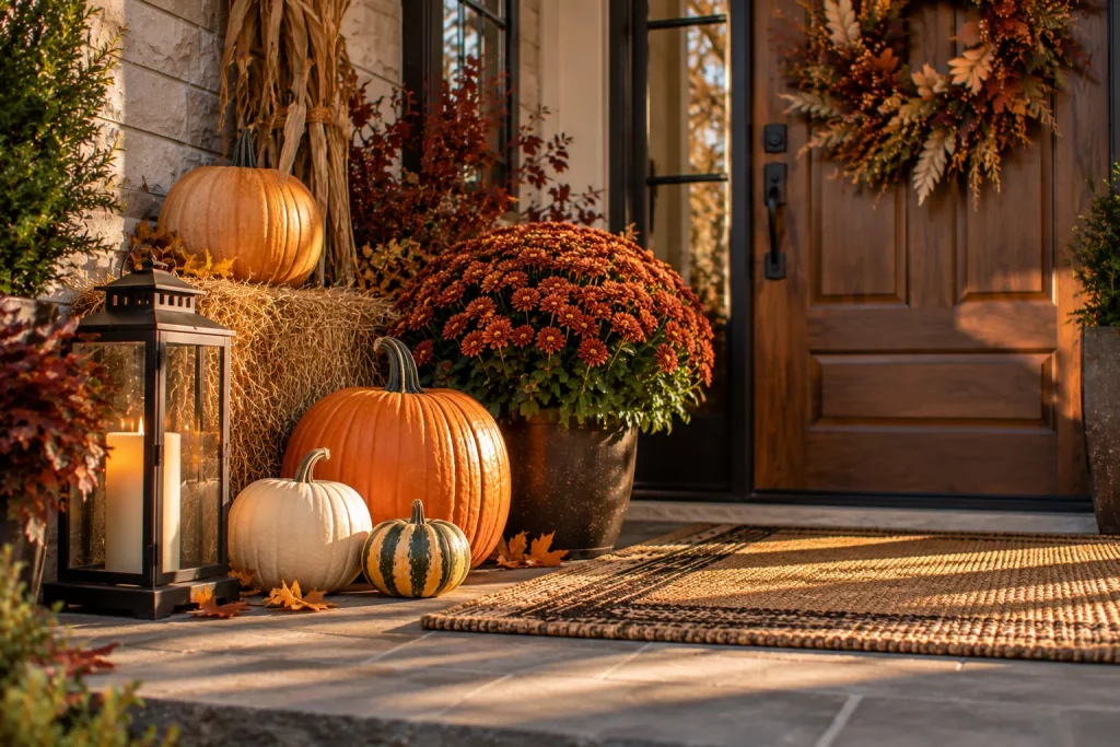 24 Fall Front Porch Ideas With Hay Bales and Corn Stalks for a Cozy Harvest Look 5 position-the-bale-behind-the-pumpkins-not-in-front-of-them