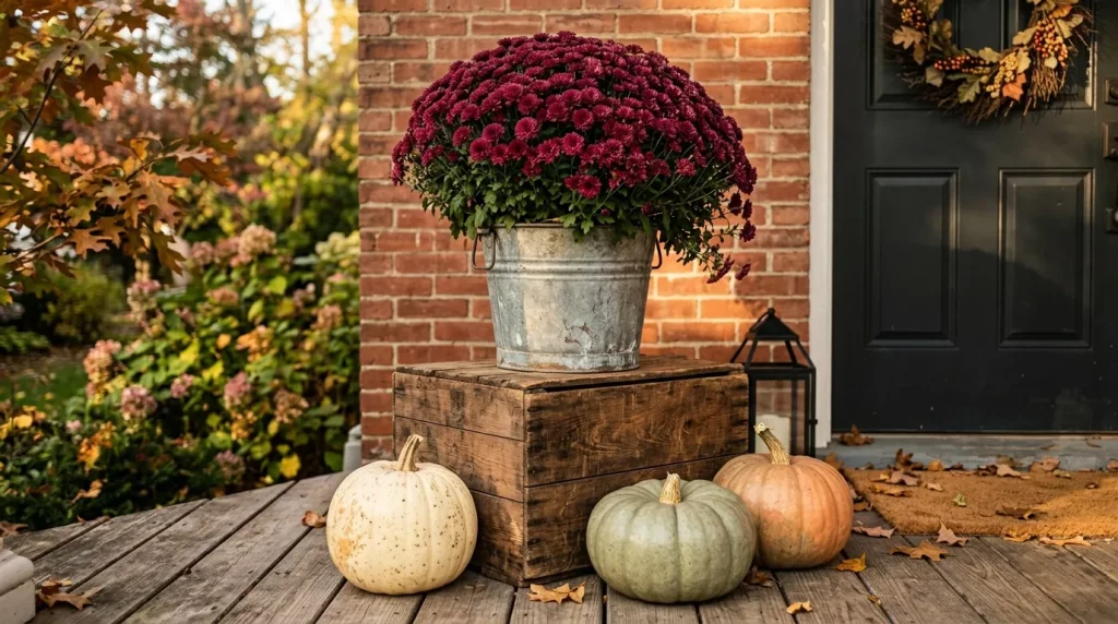 24 Fall Front Porch Decor Ideas With Crates and Galvanized Buckets 14 put-a-galvanized-mum-bucket-on-top-of-a-crate