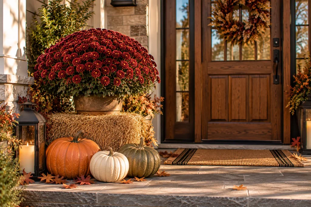 24 Fall Front Porch Ideas With Hay Bales and Corn Stalks for a Cozy Harvest Look 14 put-a-large-mum-directly-on-the-bale