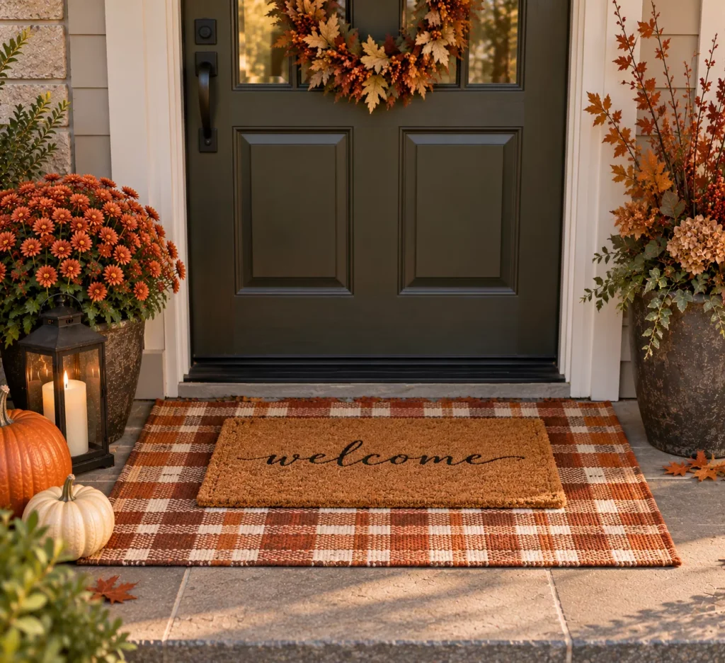 22 Fall Front Porch Ideas on a Budget That Look Cozy, Creative, and Expensive 18 put-an-inexpensive-patterned-rug-under-your-existing-doormat