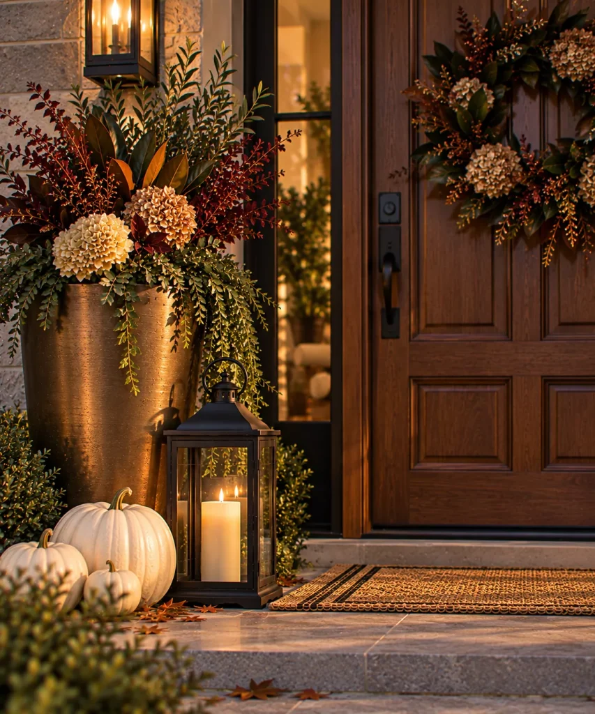 24 Elegant Fall Front Porch Ideas for a Polished, Glam Autumn Entrance 21 put-lanterns-below-polished-planters-6a9f0e4cec644