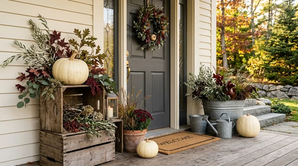 24 Fall Front Porch Decor Ideas With Crates and Galvanized Buckets 18 repeat-one-pumpkin-color-around-both-materials