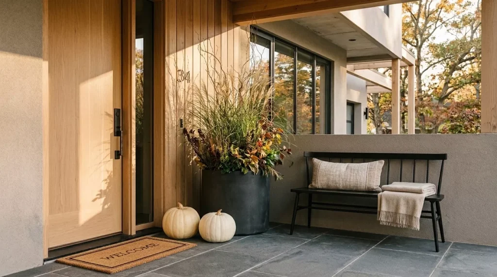 23 Modern Minimalist Fall Front Porch Ideas for a Clean, Warm Entrance 5 replace-five-little-planters-with-one-oversized-pot-6a9ef6581c6f8