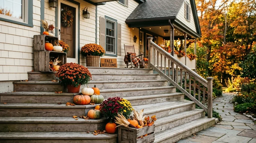 24 Fall Front Porch Decor Ideas With Crates and Galvanized Buckets 21 run-crates-down-one-side-of-wide-porch-step