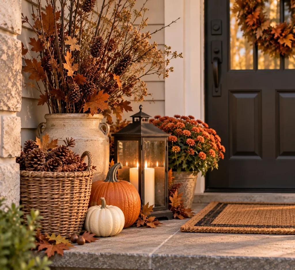 22 Fall Front Porch Ideas on a Budget That Look Cozy, Creative, and Expensive 21 scatter-free-natural-materials-around-a-few-purchased-pieces