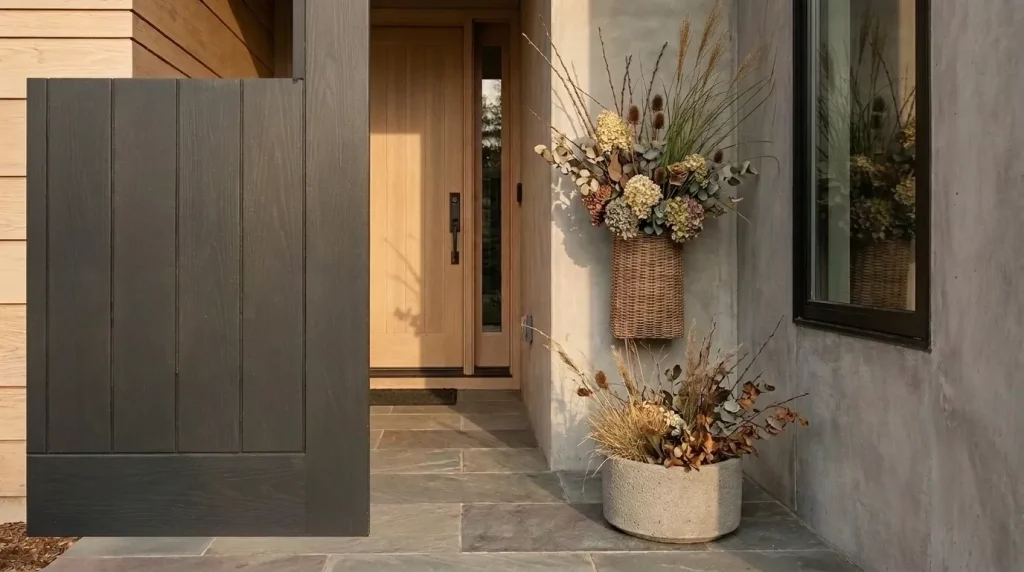 23 Modern Minimalist Fall Front Porch Ideas for a Clean, Warm Entrance 10 skip-the-wreath-and-use-one-slim-door-basket