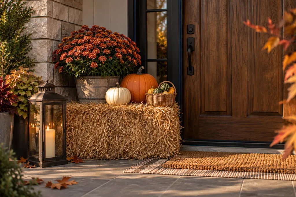 24 Fall Front Porch Ideas With Hay Bales and Corn Stalks for a Cozy Harvest Look 2 start-with-one-compact-bale-beside-the-door