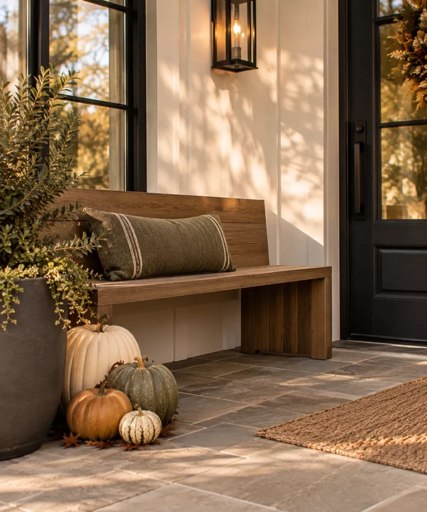 23 Modern Minimalist Fall Front Porch Ideas for a Clean, Warm Entrance 14 style-a-modern-bench-with-one-cushion