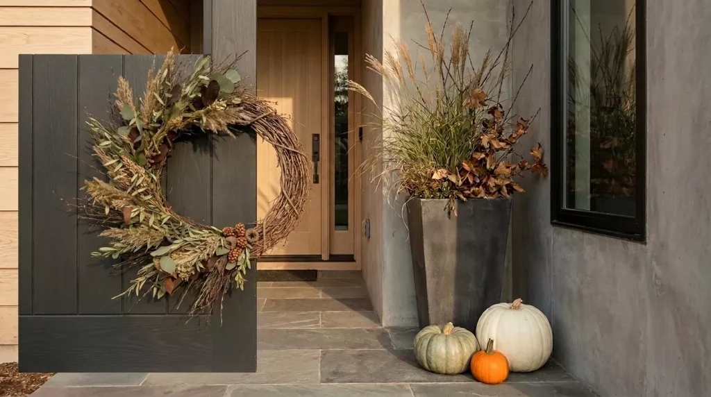 23 Modern Minimalist Fall Front Porch Ideas for a Clean, Warm Entrance 9 try-an-asymmetrical-wreath