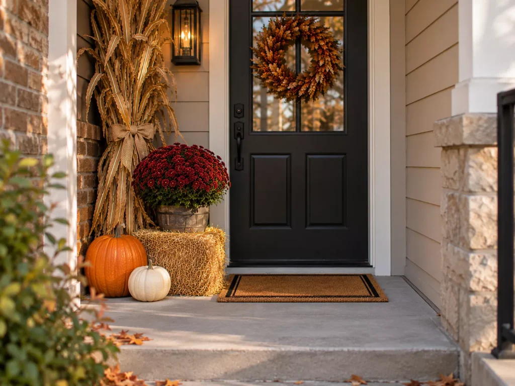 24 Fall Front Porch Ideas With Hay Bales and Corn Stalks for a Cozy Harvest Look 22 use-a-miniature-harvest-arrangement-on-a-tiny-porch