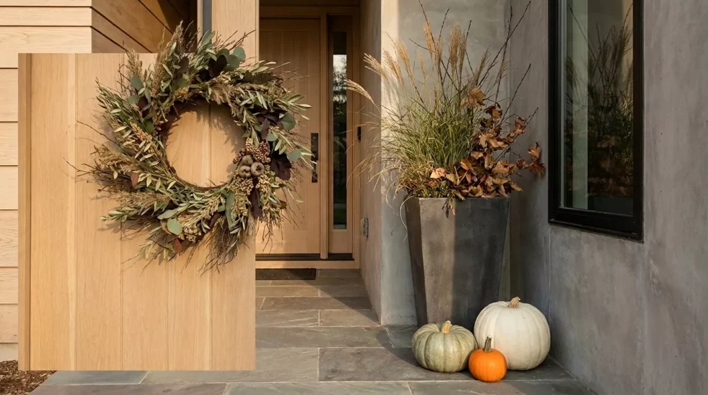 23 Modern Minimalist Fall Front Porch Ideas for a Clean, Warm Entrance 8 use-a-simple-foliage-wreath