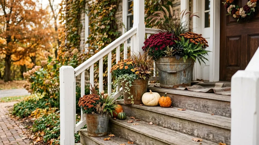 24 Fall Front Porch Decor Ideas With Crates and Galvanized Buckets 22 use-buckets-instead-of-planters-on-porch-steps