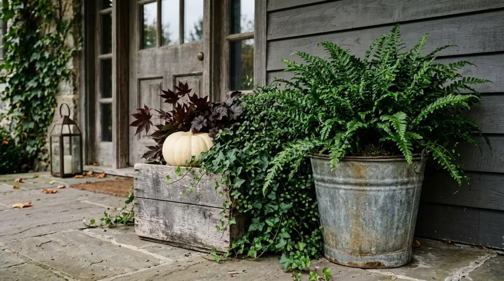 24 Fall Front Porch Decor Ideas With Crates and Galvanized Buckets 17 use-dark-green-foliage-to-connect-the-wood-and-metal