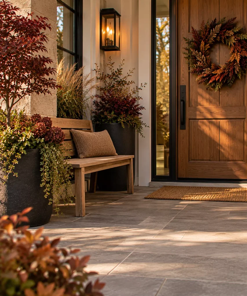 23 Modern Minimalist Fall Front Porch Ideas for a Clean, Warm Entrance 22 use-foliage-as-the-seasonal-signal