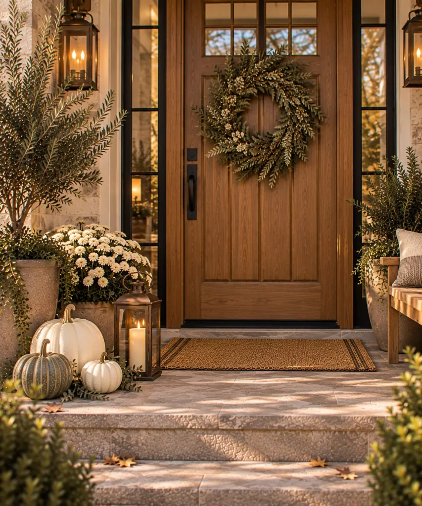 24 Elegant Fall Front Porch Ideas for a Polished, Glam Autumn Entrance 4 use-ivory-bronze-and-olive-for-understated-elegance-6a9f0f5f4a34f