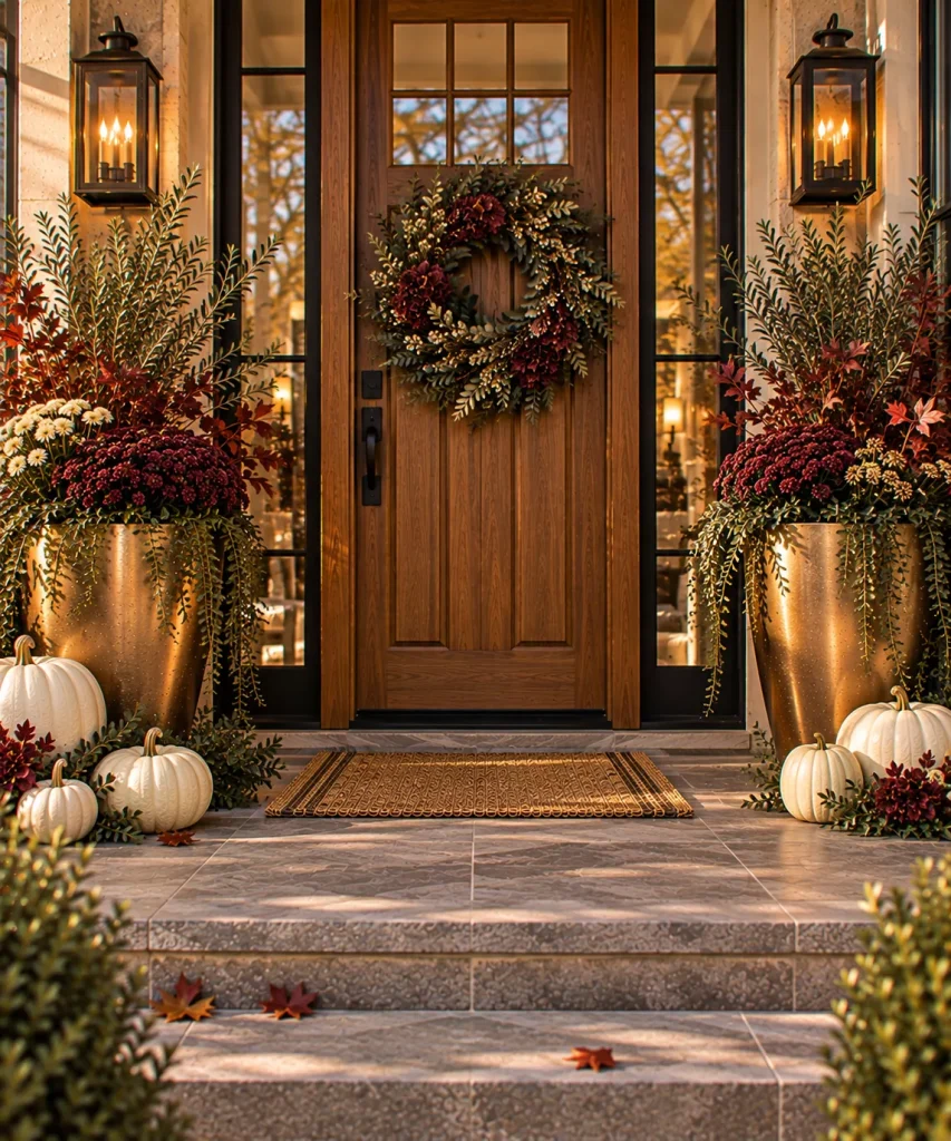 24 Elegant Fall Front Porch Ideas for a Polished, Glam Autumn Entrance 9 use-metallic-look-planters-as-the-glamorous-accent-6a9f0f101d749