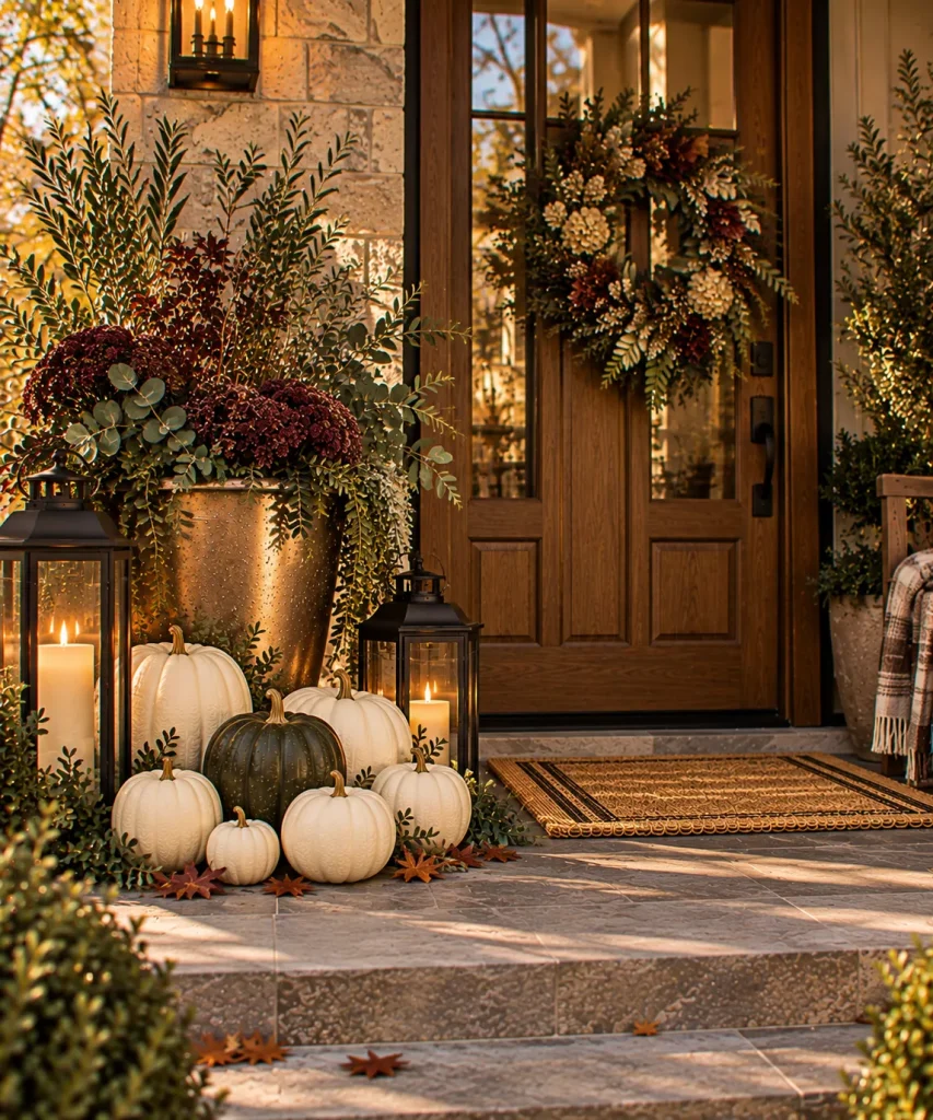 24 Elegant Fall Front Porch Ideas for a Polished, Glam Autumn Entrance 14 use-mostly-ivory-pumpkins-with-one-dark-accent-6a9f0ebc3a5c3