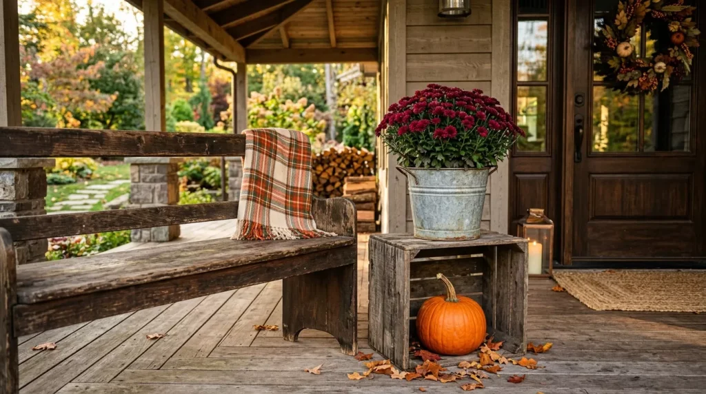 24 Fall Front Porch Decor Ideas With Crates and Galvanized Buckets 23 use-one-crate-beside-an-existing-bench