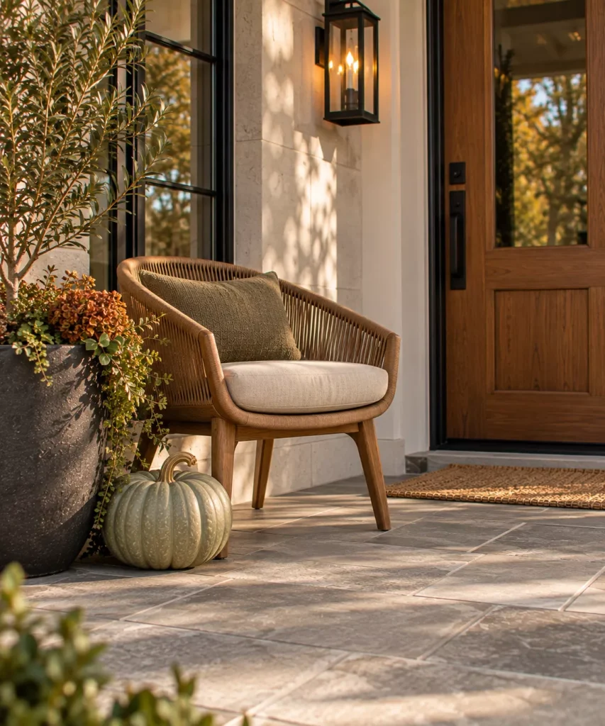 23 Modern Minimalist Fall Front Porch Ideas for a Clean, Warm Entrance 16 use-one-sculptural-chair-instead-of-a-complete-seating-set