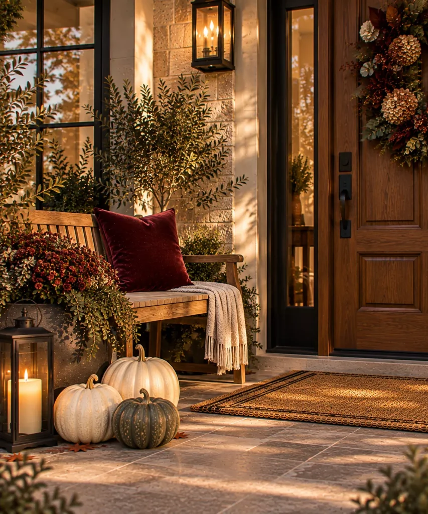 24 Elegant Fall Front Porch Ideas for a Polished, Glam Autumn Entrance 23 use-one-velvet-look-or-patterned-cushion-6a9f0e2f6ed94