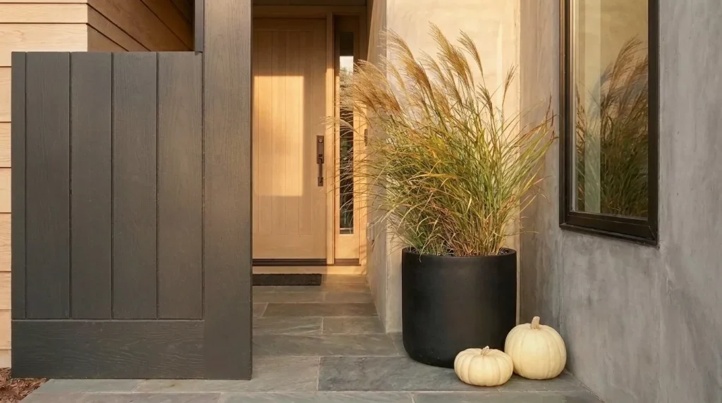 23 Modern Minimalist Fall Front Porch Ideas for a Clean, Warm Entrance 13 use-ornamental-grasses-for-movement