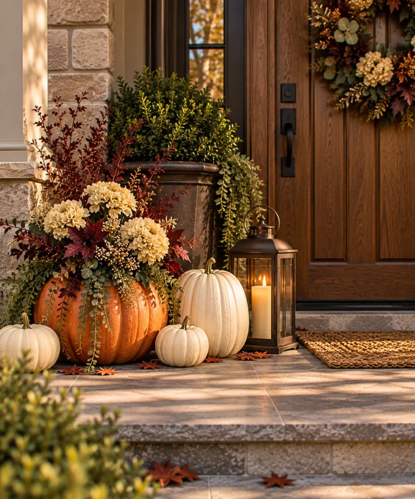 24 Elegant Fall Front Porch Ideas for a Polished, Glam Autumn Entrance 16 use-pumpkin-planters-for-one-special-detail-6a9f0e9b599aa