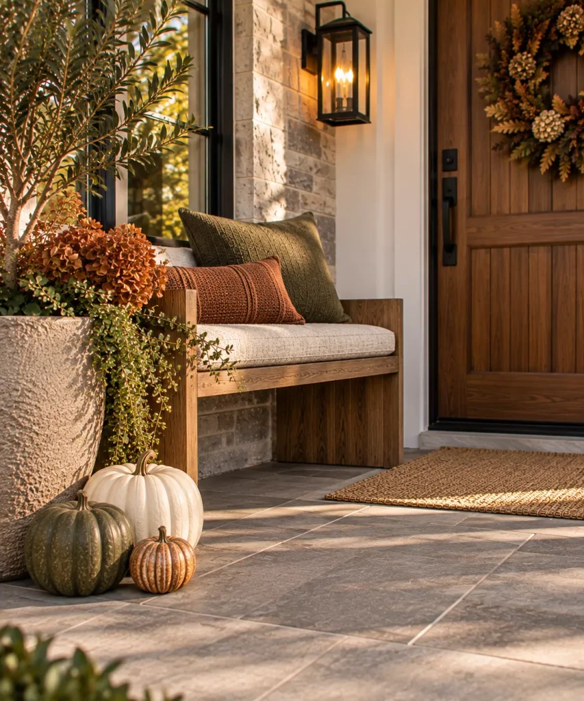 23 Modern Minimalist Fall Front Porch Ideas for a Clean, Warm Entrance 18 use-texture-instead-of-printed-fall-motifs