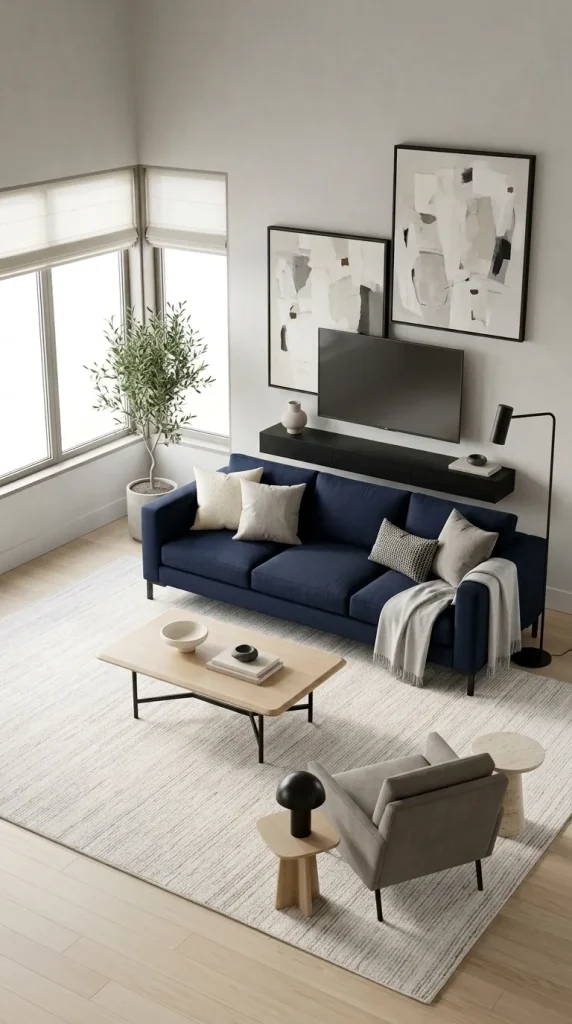 Add Black Accents Around a Navy Couch