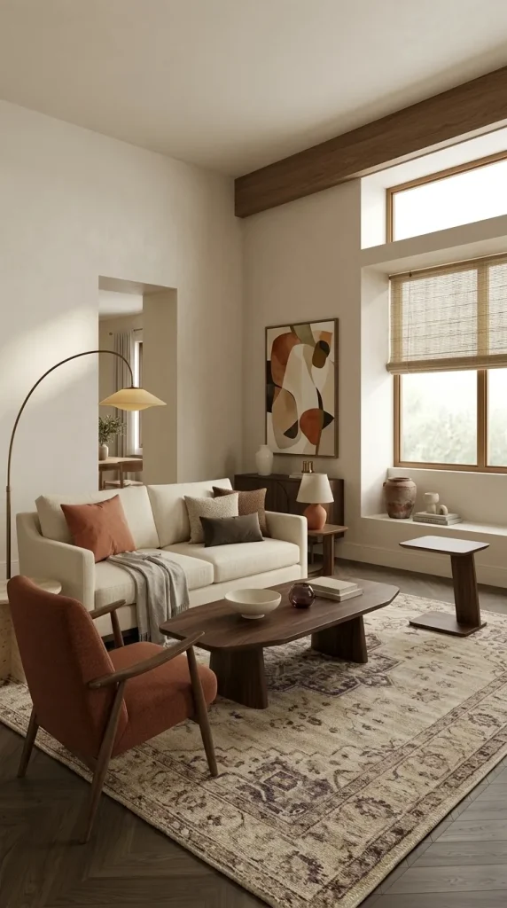 25 Cream Couch Living Room Ideas for Bright, Cozy and Stylish Spaces 19 Add Burnt Orange for Warm Earthy Contrast