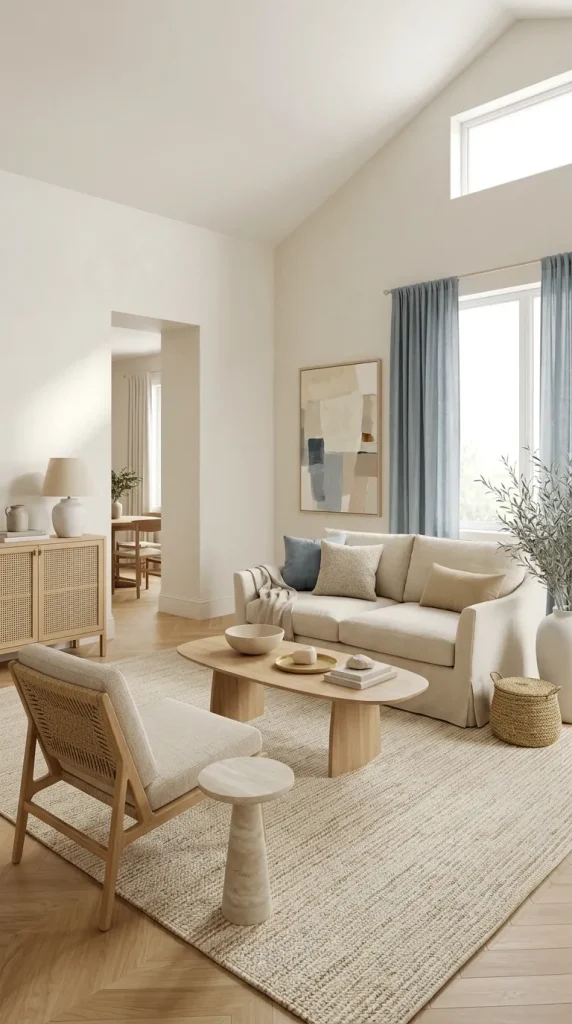 25 Cream Couch Living Room Ideas for Bright, Cozy and Stylish Spaces 16 Add Dusty Blue for a Relaxed Coastal-Adjacent Look