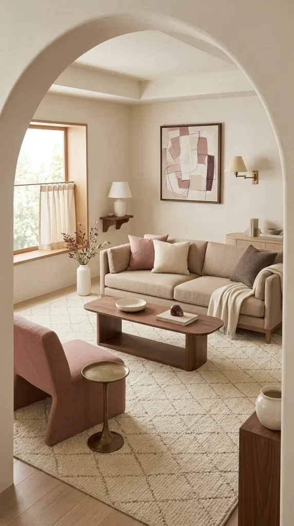 Add Dusty Pink to a Beige Couch Room