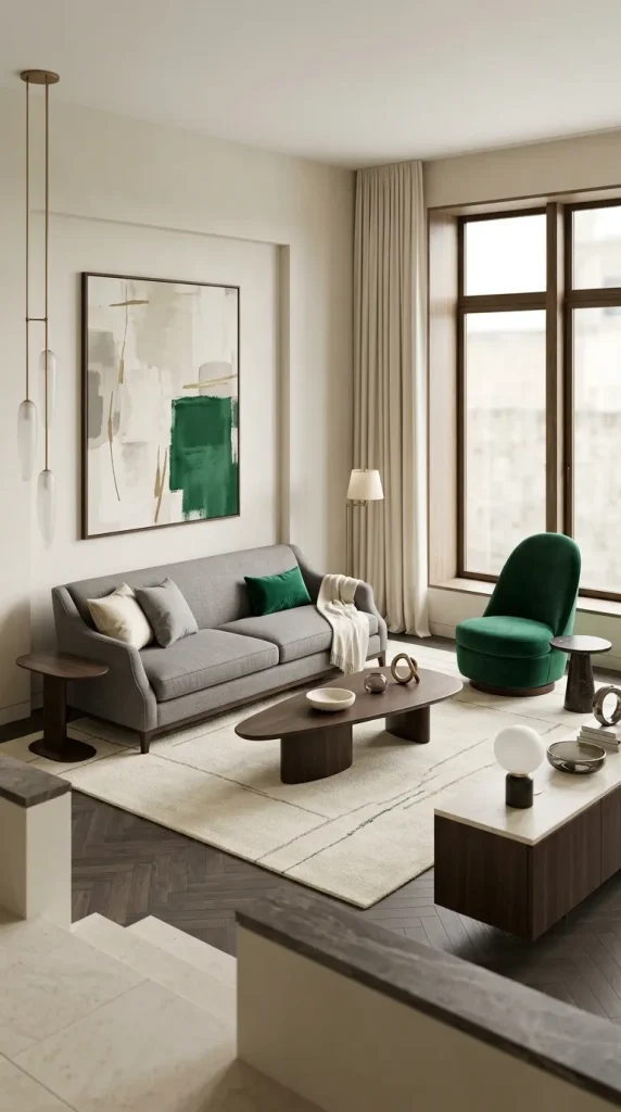 30 Grey Couch Living Room Ideas for Warm, Stylish and Colorful Spaces 15 Add Emerald for a More Luxurious Grey Room