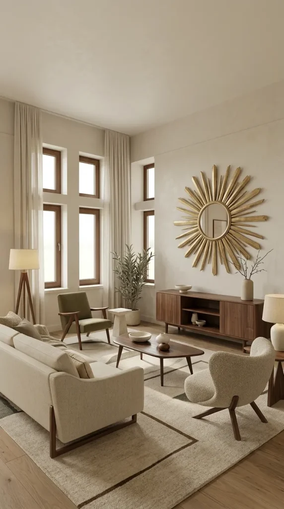 35 Gold Living Room Ideas for Elegant, Modern and Sophisticated Spaces 9 Add One Sunburst Mirror
